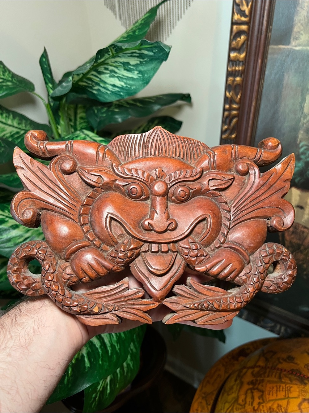 Vintage Hand Carved Balinese Folk Art Guardian Wall Plaque Indonesian Hard Wood